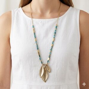 Lane Bryant Long Leaf Pendant Necklace | Gold Blue Green Beaded